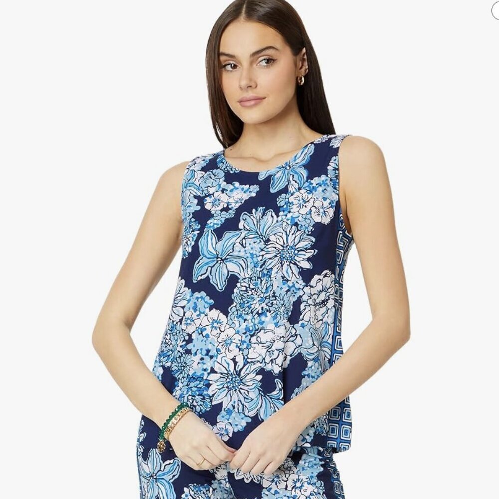 Lilly Pulitzer Iona Sleeveless Top In Low Tide Navy Bouquet All Day Nwt Medium